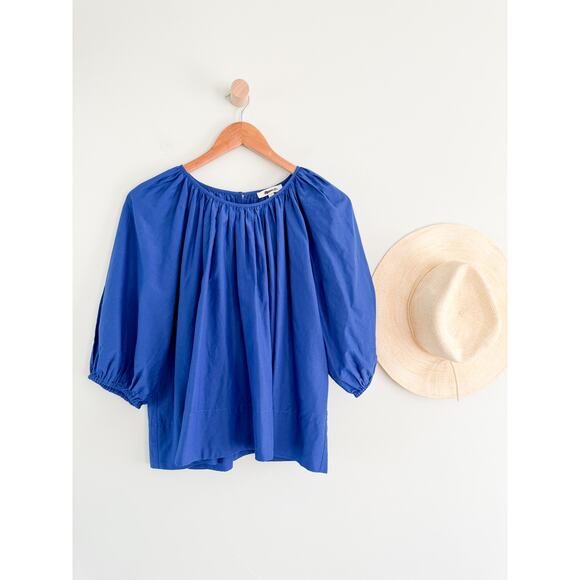 Madewell | NWT Shirred Puff-Sleeve Top in Cotton-Silk Voile Bright Sapphire Sz L - Picture 2 of 10
